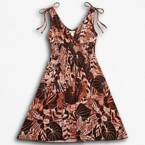 Speechless Y2K Brown Tropical Leaf Print Smocked Tie Shoulder Mini Dress Medium